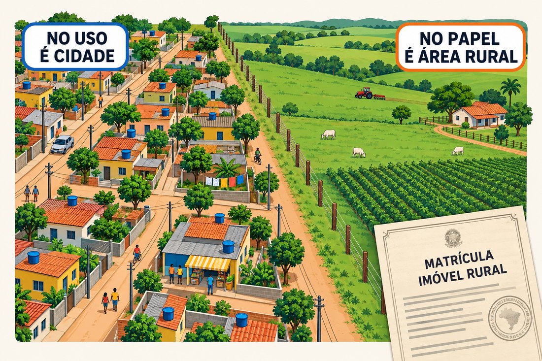 Vista de uma antiga fazenda dividida em lotes pequenos com casas, ruas e postes de energia, ao lado da plantação; um documento de matrícula ao canto diz área rural.