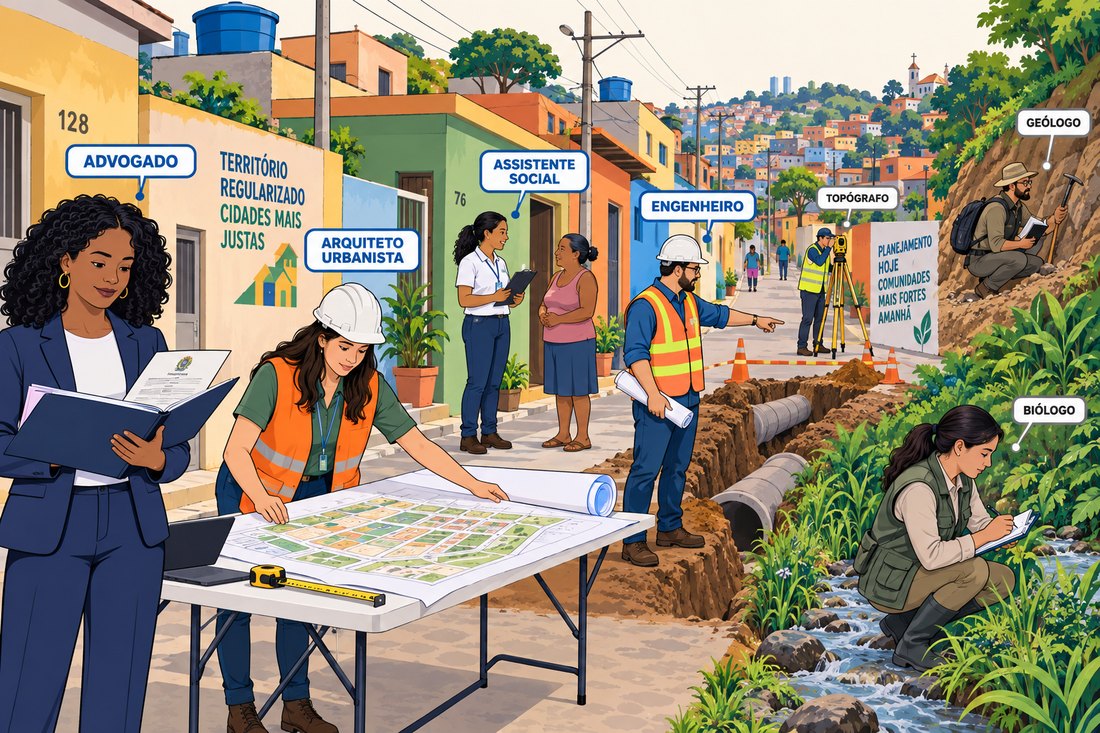 Equipe multidisciplinar trabalhando num bairro popular: advogada com pasta de documentos, arquiteta urbanista com planta, assistente social conversando com uma moradora, engenheiro com capacete, topógrafo com estação total, geólogo examinando a encosta e bióloga junto à vegetação.