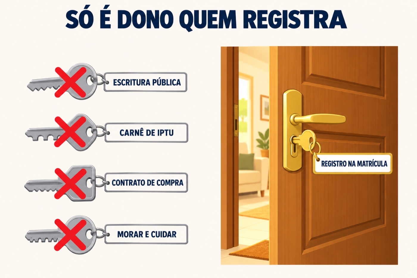 Só é dono quem registra. Quatro chaves marcadas com um X vermelho, porque não abrem a porta: escritura pública, carnê de IPTU, contrato de compra e morar e cuidar. Na fechadura, a chave dourada que abre, com a etiqueta registro na matrícula.