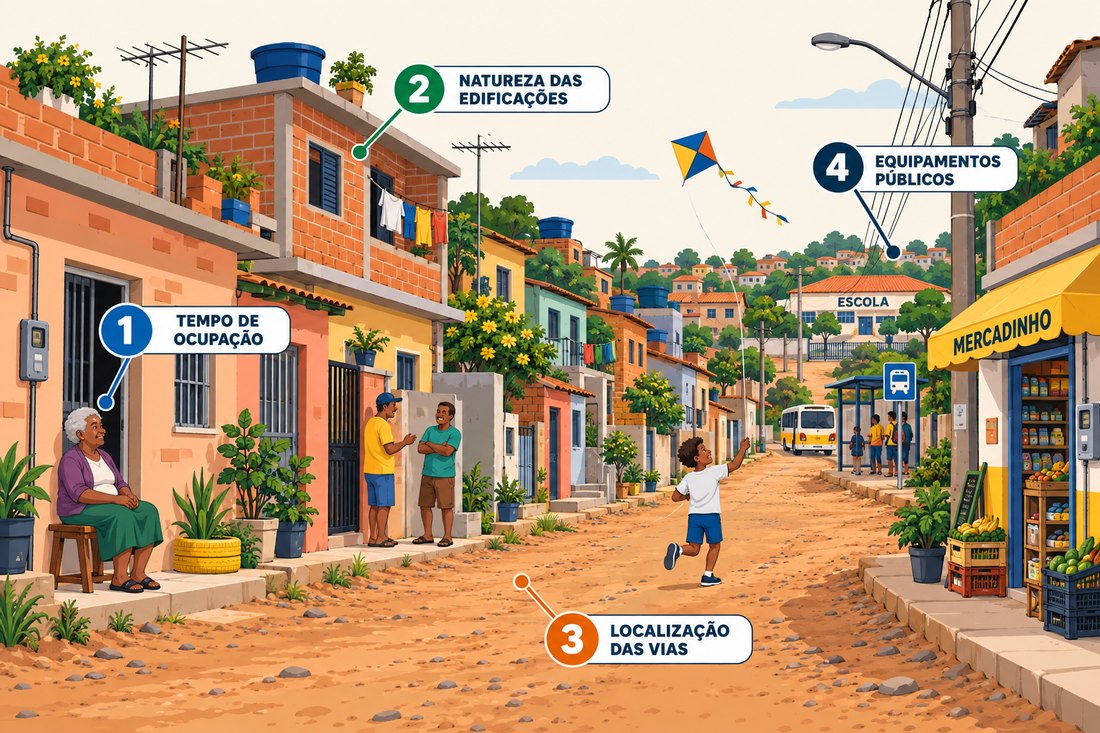 Rua de terra de um bairro popular em encosta, com casas de tijolo aparente, algumas com laje e segundo andar, caixas d'água, mercadinho, ponto de ônibus e escola ao fundo. Quatro marcadores apontam o tempo de ocupação, a natureza das edificações, a localização das vias e os equipamentos públicos.