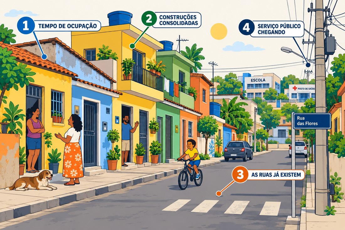Rua de bairro popular brasileiro urbanizado, com casas coloridas de alvenaria e laje, calçada, placa de rua, poste de energia e, ao fundo, escola e posto de saúde. Quatro marcadores apontam o tempo de ocupação, as construções consolidadas, as ruas e o serviço público.
